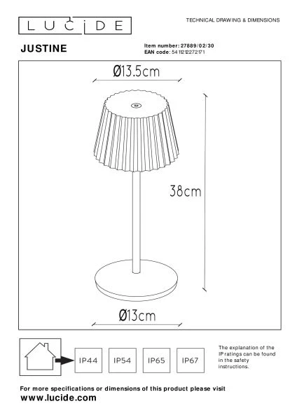 Lucide JUSTINE - Lampe de table Rechargeable Intérieur/Extérieur - Batterie/Piles - LED Dim. - 1x2W 2700K - IP54 - Avec station de charge sans fil - Noir - technique